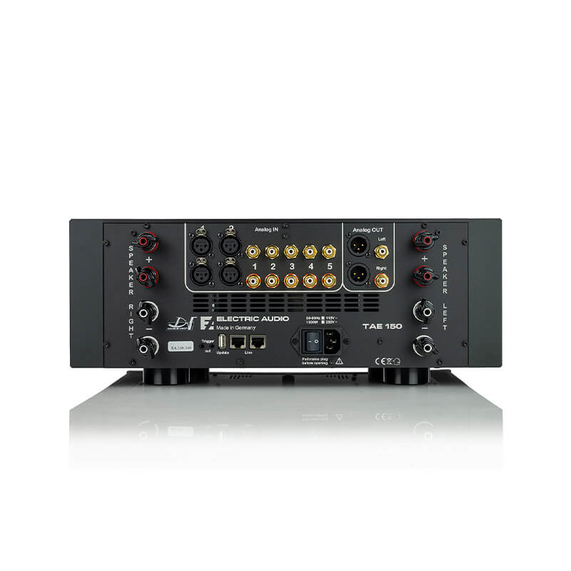 ELECTRIC AUDIO TAE 150 DV in en uitgangen Achterzijde van de Electric Audio TAE 150 DV met analoge ingangen en luidsprekerterminals